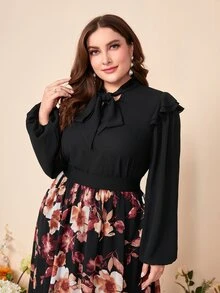 Modelyn Plus Tie Neck Ruffle Trim Top & Floral Print Skirt - Multicolor - View 4