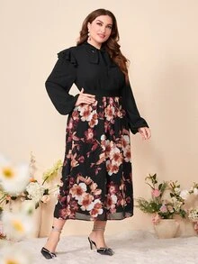 Modelyn Plus Tie Neck Ruffle Trim Top & Floral Print Skirt - Multicolor - View 5