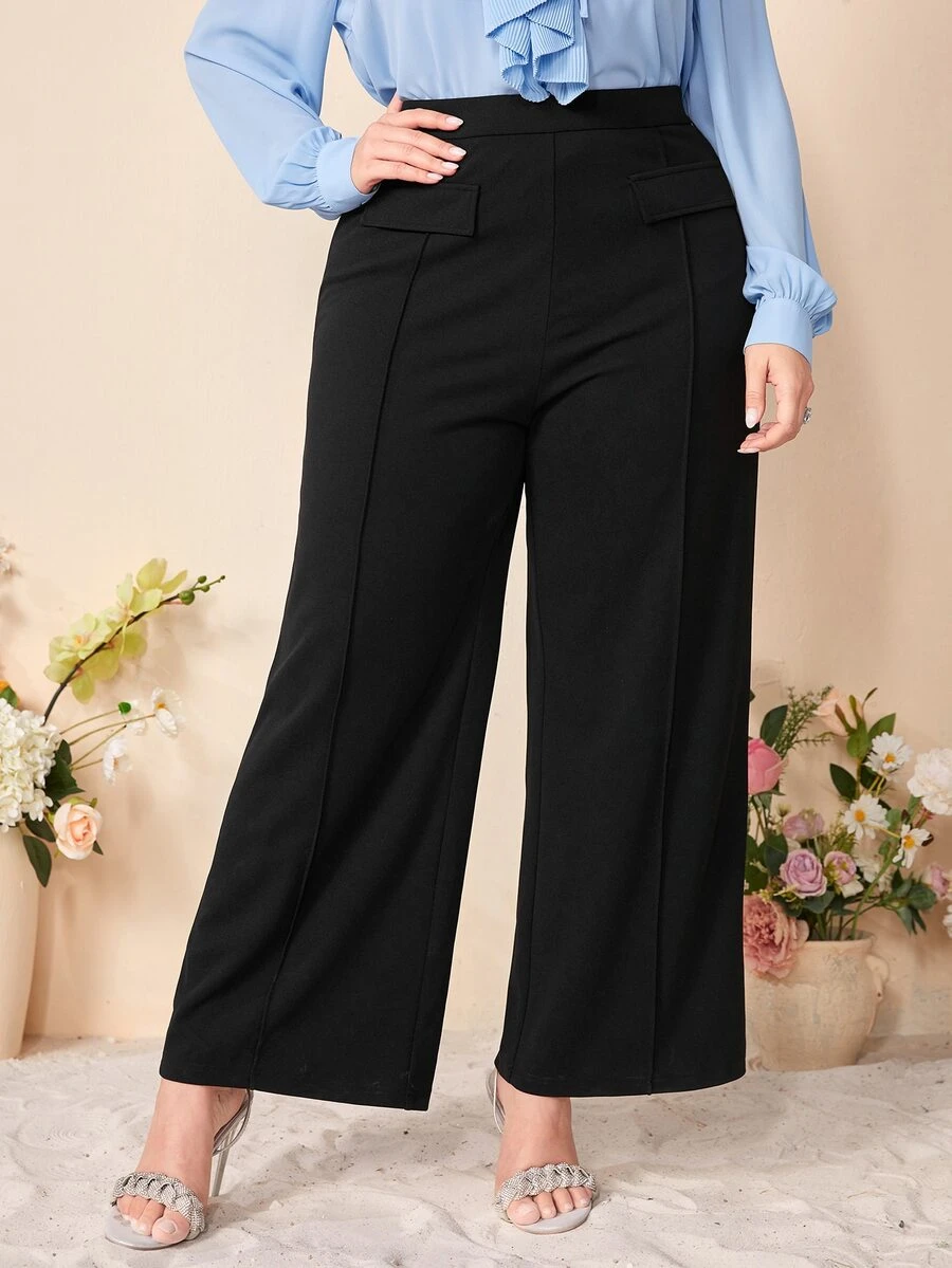 Modelyn Plus High Waist Flap Detail Wide Leg Trousers - Black - View 1