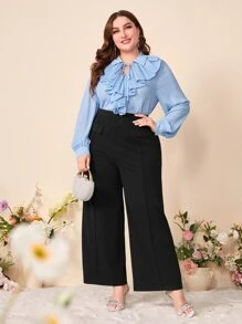 Modelyn Plus High Waist Flap Detail Wide Leg Trousers - Black - View 4
