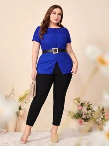 Mulvari Plus Lettuce Trim Split Hem Tee - Royal Blue - View 1