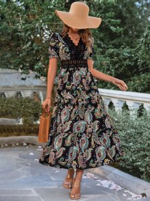 SHEIN VCAY Paisley Print Guipure Lace Insert Dress - Black - View 1