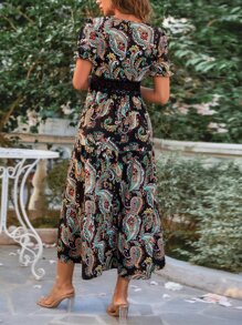 SHEIN VCAY Paisley Print Guipure Lace Insert Dress - Black - View 2