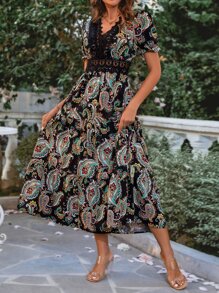 SHEIN VCAY Paisley Print Guipure Lace Insert Dress - Black - View 5