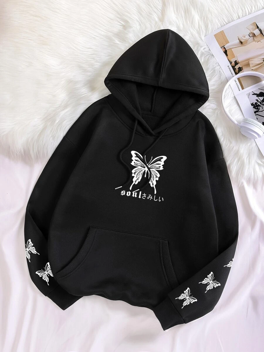 SHEIN EZwear Butterfly & Letter Graphic Kangaroo Pocket Drawstring Thermal Hoodie - Black - View 1