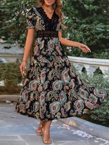 SHEIN VCAY Paisley Print Guipure Lace Insert Dress - Black - View 6