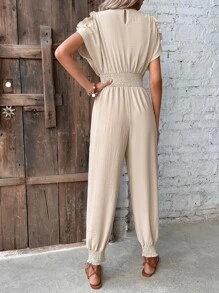 SHEIN VCAY Cold Shoulder Shirred Ruffle Trim Jumpsuit - Beige - View 2