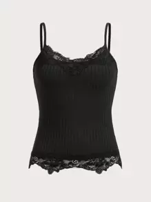 ROMWE Top de tirantes con encaje en contraste - Negro - Ver 5