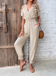 SHEIN VCAY Cold Shoulder Shirred Ruffle Trim Jumpsuit - Beige - View 3