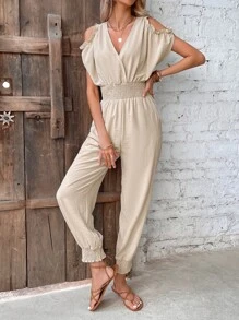 SHEIN VCAY Cold Shoulder Shirred Ruffle Trim Jumpsuit - Beige - View 4