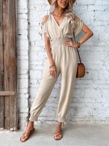 SHEIN VCAY Cold Shoulder Shirred Ruffle Trim Jumpsuit - Beige - View 5