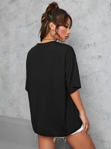 SHEIN EZwear 字母圖案落肩T恤 - 黑色 - 查看 2