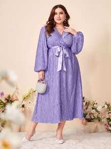 Modelyn Vestido de manga farol con cinturón fruncido de satén - Morado Violeta - Ver 1