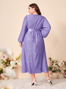 Modelyn Vestido de manga farol con cinturón fruncido de satén - Morado Violeta - Ver 3