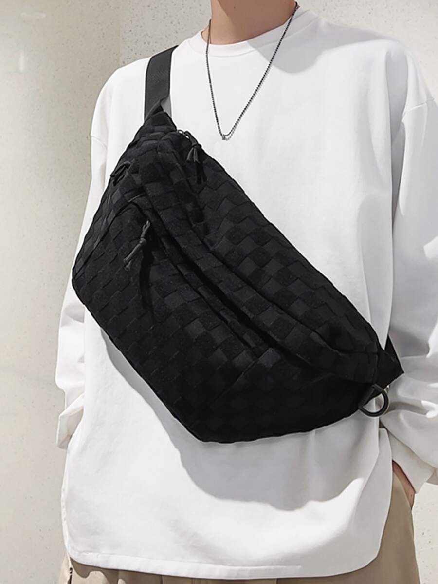 男士格纹拉链腰包胸包大学包父亲节礼物夏季爸爸新生书籍返校多功能宿舍大学万圣节圣诞男士包冬季圣诞礼物腰包腰包拉链包感恩节假期收纳包斜挎包单肩包骑行包男士礼物黑色包徒步旅行学生大容量多功能户外便携时尚休闲爸爸礼物男友礼物 - 黑色 - 查看 1