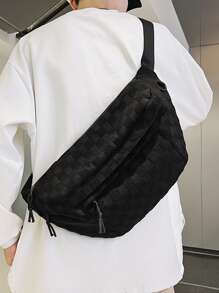 男士格纹拉链腰包胸包大学包父亲节礼物夏季爸爸新生书籍返校多功能宿舍大学万圣节圣诞男士包冬季圣诞礼物腰包腰包拉链包感恩节假期收纳包斜挎包单肩包骑行包男士礼物黑色包徒步旅行学生大容量多功能户外便携时尚休闲爸爸礼物男友礼物 - 黑色 - 查看 2