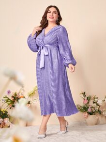 Modelyn Vestido de manga farol con cinturón fruncido de satén - Morado Violeta - Ver 2