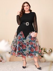 Modelyn Plus Floral Print Mesh Panel Dress Without Belt - Black - View 2