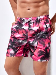 Manfinity Swimmode Men Palm Tree Print Drawstring Waist Swim Trunks - Multicolor - View 1