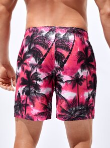 Manfinity Swimmode Men Palm Tree Print Drawstring Waist Swim Trunks - Multicolor - View 2