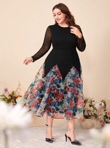 Modelyn Plus Floral Print Mesh Panel Dress Without Belt - Black - View 1