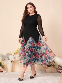 Modelyn Plus Floral Print Mesh Panel Dress Without Belt - Black - View 4