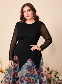 Modelyn Plus Floral Print Mesh Panel Dress Without Belt - Black - View 5