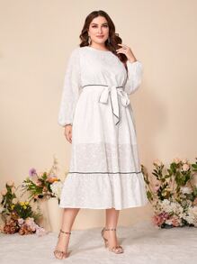 Mulvari Vestido con cinturón con bordado con ojal bajo con fruncido - Blanco - Ver 5