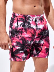 Manfinity Swimmode Men Palm Tree Print Drawstring Waist Swim Trunks - Multicolor - View 5