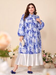 Modelyn Plus Tie Neck Lantern Sleeve Ruffle Hem Floral Print Dress - Blue and White - View 1