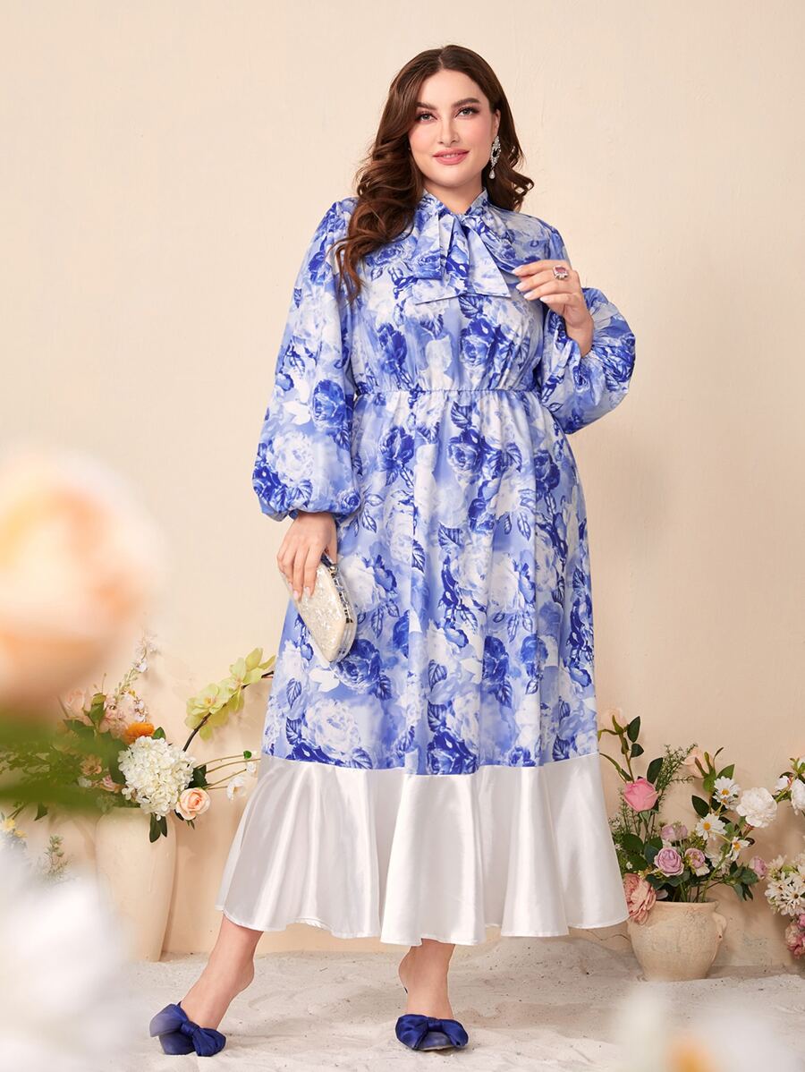 Modelyn Plus Tie Neck Lantern Sleeve Ruffle Hem Floral Print Dress - Blue and White - View 1