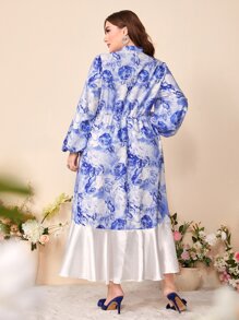 Modelyn Plus Tie Neck Lantern Sleeve Ruffle Hem Floral Print Dress - Blue and White - View 3