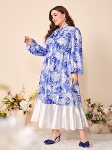 Modelyn Plus Tie Neck Lantern Sleeve Ruffle Hem Floral Print Dress - Blue and White - View 2