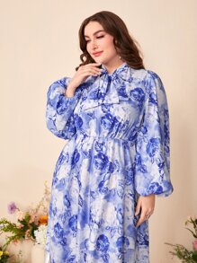 Modelyn Plus Tie Neck Lantern Sleeve Ruffle Hem Floral Print Dress - Blue and White - View 5