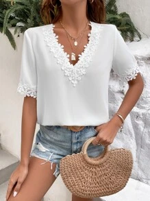 SHEIN LUNE Guipure Lace Panel Blouse - White - View 1