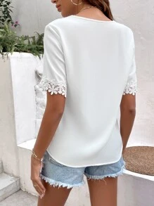 SHEIN LUNE Guipure Lace Panel Blouse - White - View 2