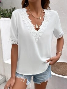 SHEIN LUNE Guipure Lace Panel Blouse - White - View 3