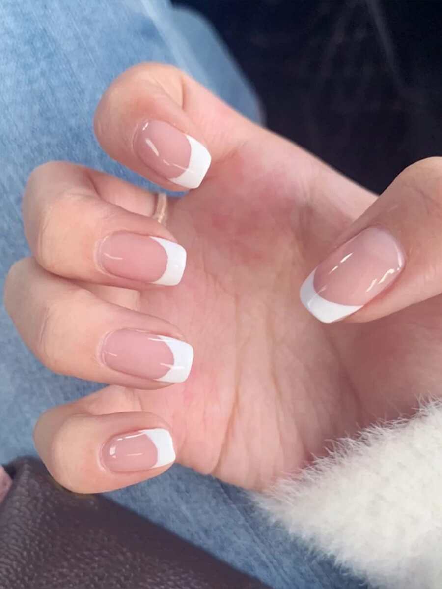 Get Glamorous With 24pcs Jelly White French Glossy Fake Nail With Milk White Edge Decal, Press-On Manicure, Gel Nail Kit Nails - Multicolor - View 1