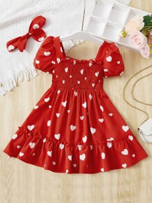 SHEIN 小女童愛心圖案荷葉邊洋裝和頭巾