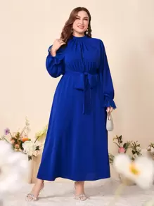Modelyn Đầm Plus Size Thắt lưng Tương phản ren Dây kéo Xù màu trơn Thanh lịch - Màu xanh lam - Xem 3
