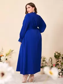 Modelyn Đầm Plus Size Thắt lưng Tương phản ren Dây kéo Xù màu trơn Thanh lịch - Màu xanh lam - Xem 4