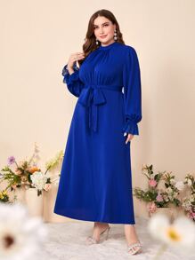 Modelyn Đầm Plus Size Thắt lưng Tương phản ren Dây kéo Xù màu trơn Thanh lịch - Màu xanh lam - Xem 1
