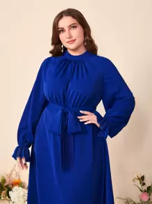 Modelyn Đầm Plus Size Thắt lưng Tương phản ren Dây kéo Xù màu trơn Thanh lịch - Màu xanh lam - Xem 5