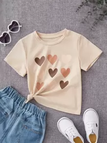 SHEIN Leap Crew 年輕女孩實色合身短袖T卹，有心形圖案 - 杏色 - 查看 1