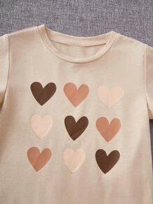 SHEIN Leap Crew 年輕女孩實色合身短袖T卹，有心形圖案 - 杏色 - 查看 3