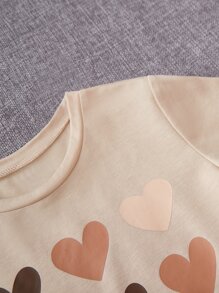 SHEIN Leap Crew 年輕女孩實色合身短袖T卹，有心形圖案 - 杏色 - 查看 4