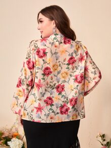 Modelyn Plus Floral Print Ruffle Trim Lantern Sleeve Shirt - Multicolor - View 2