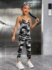SHEIN 小女童迷彩印花吊帶連體褲不附帶包