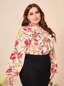 Modelyn Plus Floral Print Ruffle Trim Lantern Sleeve Shirt - Multicolor - View 4