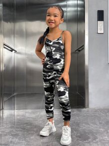 SHEIN 小女童迷彩印花吊帶連體褲不附帶包